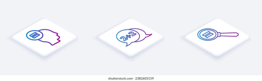 Set Isometric line Test or exam sheet, Geometric figure Cone and Paper clip. White square button. Vector