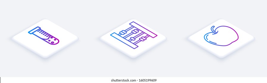 Set Isometric line Test tube and flask chemical laboratory, Abacus and Apple. White square button. Vector