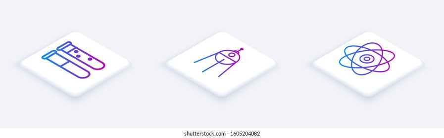 Set Isometric line Test tube and flask chemical laboratory, Satellite and Atom. White square button. Vector