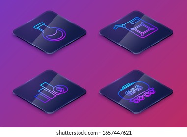 Set Isometric line Test tube and flask, Pie chart infographic and dollar, Canister for gasoline and Gas railway cistern. Blue square button. Vector