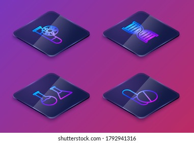 Set Isometric line Test tube with virus, and flask, DNA symbol and Medicine pill or tablet. Blue square button. Vector