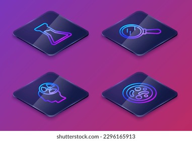 Set Isometric line Test tube and flask, Head radiation symbol, Magnifying glass and Bacteria. Blue square button. Vector