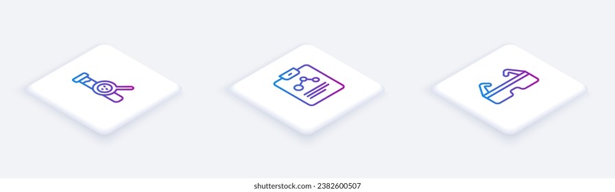 Set Isometric line Test tube and flask, Chemistry report and Safety goggle glasses. White square button. Vector