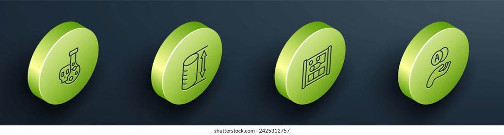 Set Isometric line Test tube with toxic liquid, Height geometrical figure, Graphing paper for engineering and Atom icon. Vector
