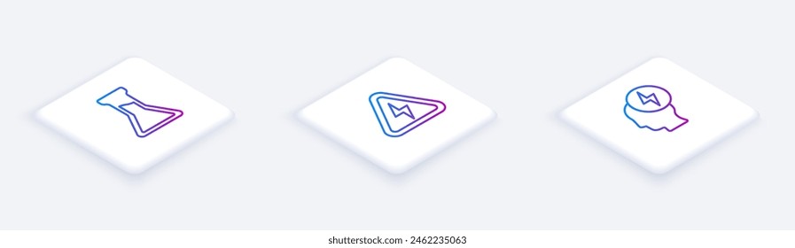 Set Isometric line Test tube and flask, High voltage and Head electric symbol. White square button. Vector