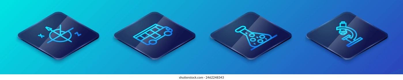 Set Isometric line Test tube, Trigonometric circle, Microscope and School Bus icon. Vector
