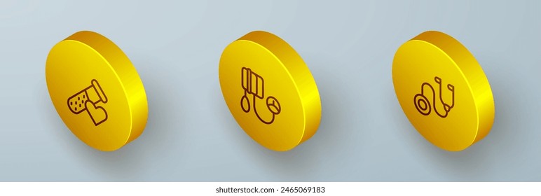 Set Isometric line Test tube with blood, Blood pressure and Stethoscope icon. Vector