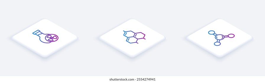 Set Isometric line Test tube with toxic liquid, Chemical formula and Molecule. White square button. Vector