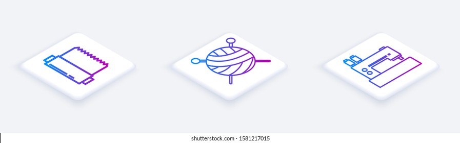 Set Isometric line Textile fabric roll, Yarn ball with knitting needles and Sewing machine. White square button. Vector