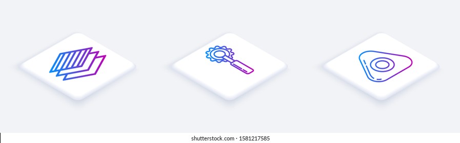 Set Isometric line Textile fabric roll, Cutter tool and Sewing chalk. White square button. Vector