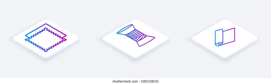 Set Isometric line Textile fabric roll, Sewing thread on spool and Textile fabric roll. White square button. Vector