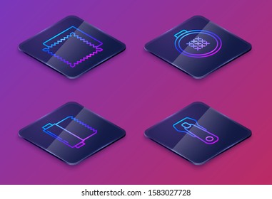 Set Isometric line Textile fabric roll, Textile fabric roll, Round adjustable embroidery hoop and Zipper. Blue square button. Vector