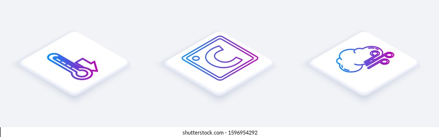 Set Isometric line Thermometer, Celsius and Windy weather. White square button. Vector