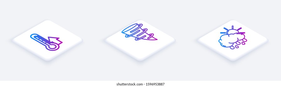 Set Isometric line Thermometer, Tornado and Cloud with rain and sun. White square button. Vector