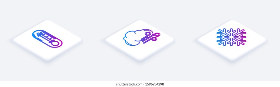 Set Isometric line Thermometer, Windy weather and Snowflake. White square button. Vector