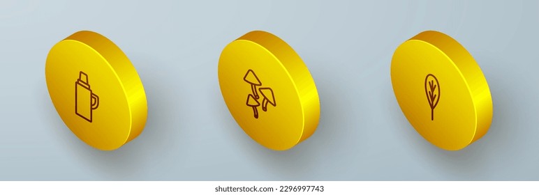 Set Isometric line Thermos container, Mushroom and Leaf icon. Vector