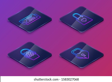 Set Isometric line Ticket with heart, Flowers in a basket, Shopping bag with heart and Castle in the shape of a heart. Blue square button. Vector