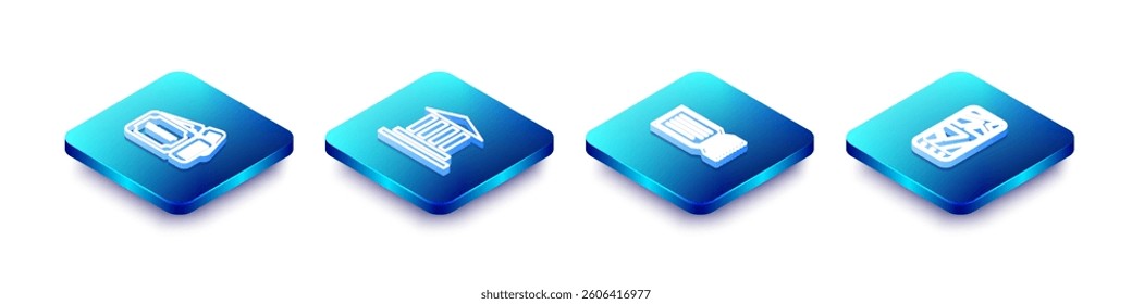 Set Isometric line Ticket, Museum building,  and Infographic of city map icon. Vector