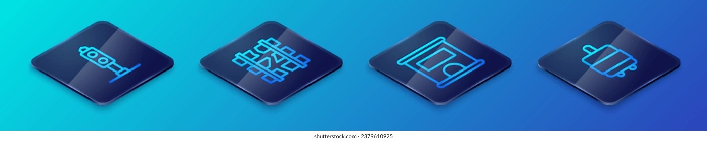 Set Isometric line Ticket office to buy tickets, Train traffic light, Suitcase and Broken or cracked railway icon. Vector