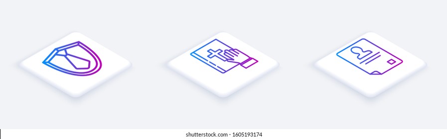 Set Isometric line Tie, Oath on the Holy Bible and Identification badge. White square button. Vector