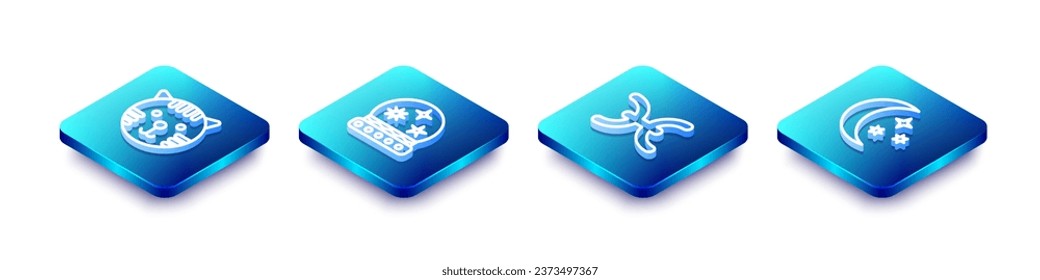 Sitúe la línea isométrica Tiger zodiac, Magic ball, Pisces and Moon and stars icon. Vector