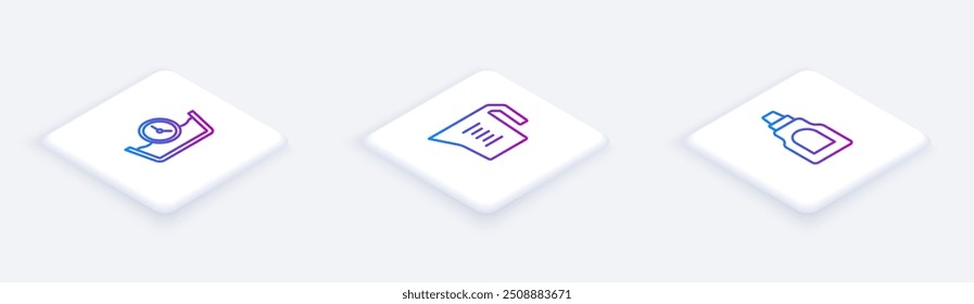 Set Isometric line Time wash, Measuring cup and Bottle for cleaning agent. White square button. Vector