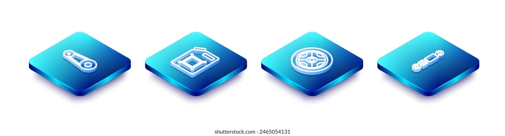 Set Isometric line Timing belt kit, Canister for gasoline, Car wheel and Shock absorber icon. Vector