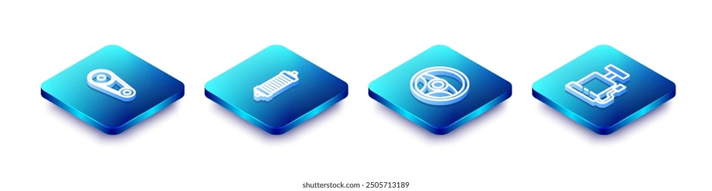 Set Isometric line Timing belt kit, Shock absorber, Steering wheel and Car air pump icon. Vector