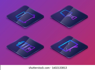 Set Isometric line Toaster with toasts , Double boiler , Table lamp  and Smart Tv . Blue square button. Vector