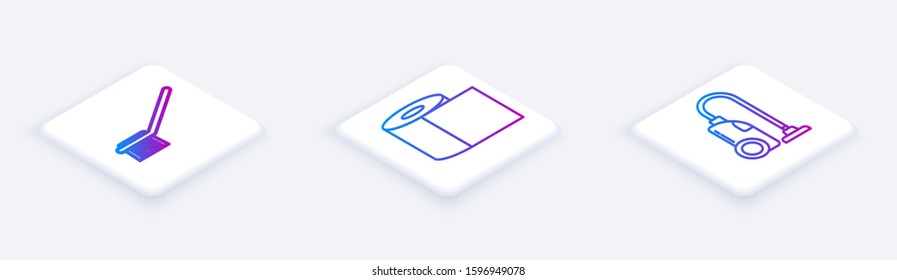 Set Isometric line Toilet brush , Toilet paper roll  and Vacuum cleaner . White square button. Vector
