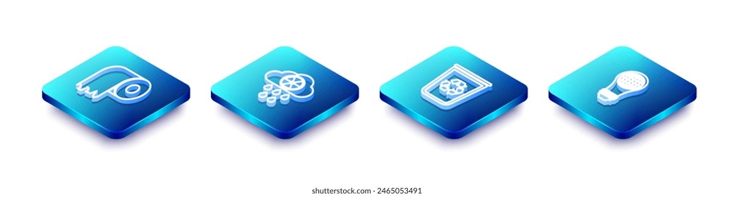 Set Isometric line Toilet paper roll, Acid rain and radioactive cloud, Recycle bin with recycle and Light bulb world globe icon. Vector