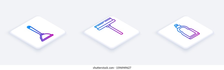 Set Isometric line Toilet plunger, Squeegee, scraper, wiper and Plastic bottles for liquid dishwashing liquid. White square button. Vector