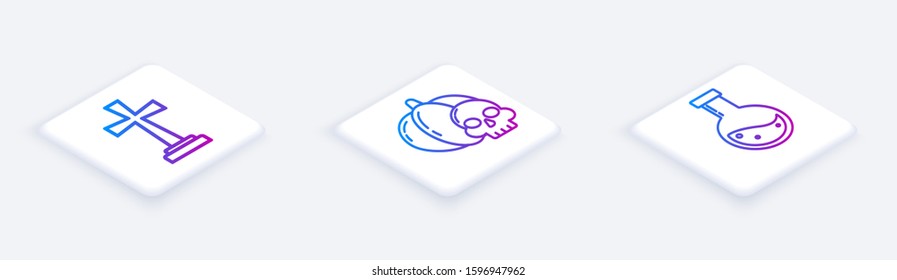 Set Isometric line Tombstone with cross , Pumpkin and skull  and Bottle with potion . White square button. Vector