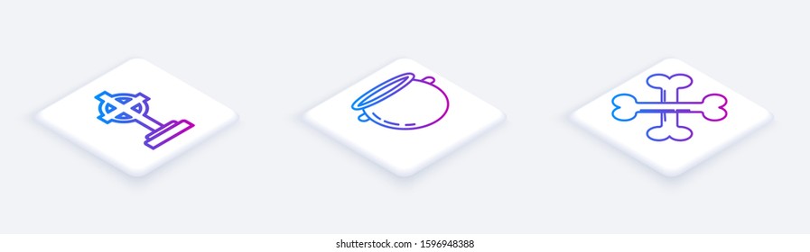 Set Isometric line Tombstone with cross , Halloween witch cauldron  and Crossed bones . White square button. Vector