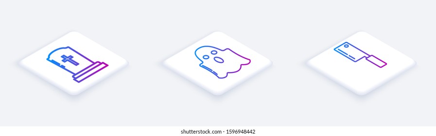 Set Isometric line Tombstone with cross , Ghost  and Meat chopper . White square button. Vector