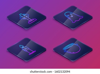 Set Isometric line Tombstone with cross , Burning candle , Ghost  and Halloween witch cauldron . Blue square button. Vector