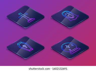 Set Isometric line Tombstone with cross , Coffin with christian cross , Funny and scary ghost mask for Halloween  and Magic ball . Blue square button. Vector