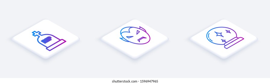 Set Isometric line Tombstone with RIP, Vampire  and Magic ball . White square button. Vector