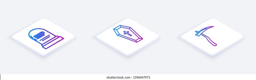 Set Isometric line Tombstone with RIP, Coffin with christian cross  and Scythe . White square button. Vector