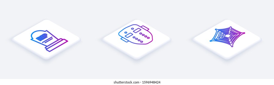 Set Isometric line Tombstone with RIP, Hockey mask  and Spider web . White square button. Vector
