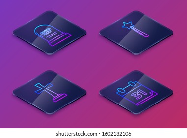 Set Isometric line Tombstone with RIP, Tombstone with cross , Magic wand  and Calendar with Halloween date 31 october. Blue square button. Vector