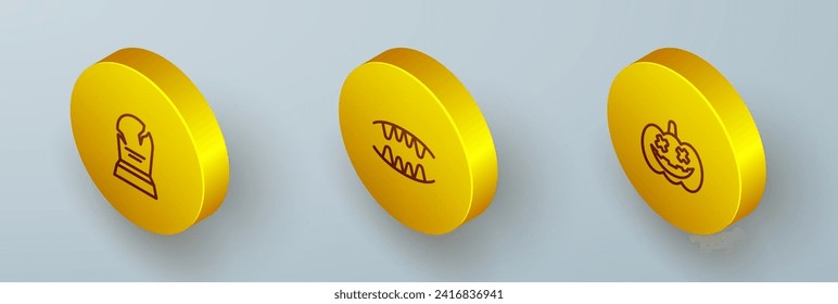 Fijar la línea isométrica Tombstone con RIP escrito, dientes de vampiro e icono de calabaza. Vector