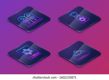 Set Isometric line Tombstone with star of david, Jewish torah book, Jewish money bag with star of david and Jewish sweet bakery. Blue square button. Vector