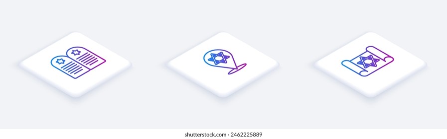 Set Isometric line Tombstone with star of david, Star David and Torah scroll. White square button. Vector