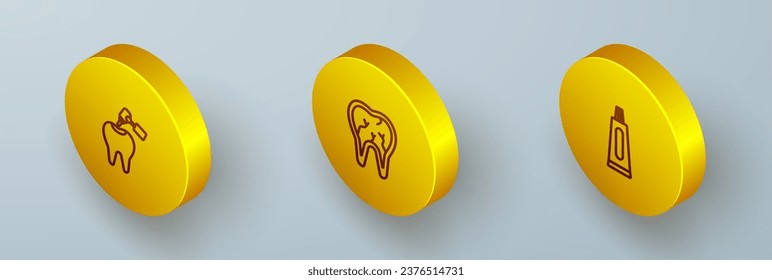 Ajuste la línea isométrica Diente con caries y taladro, Diente roto y Tubo del ícono de pasta dental. Vector