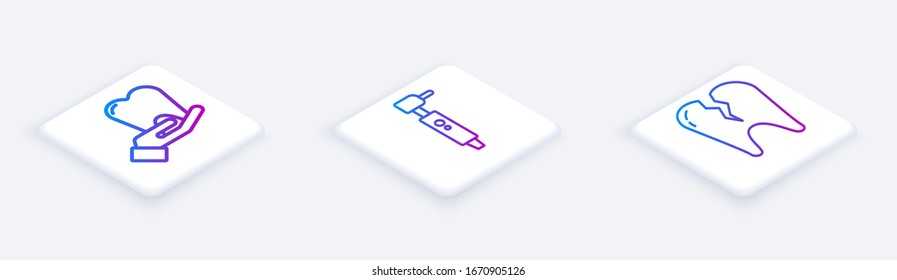 Ajuste la línea isométrica Diente, Taladro dental y Diente roto. Botón cuadrado blanco. Vector