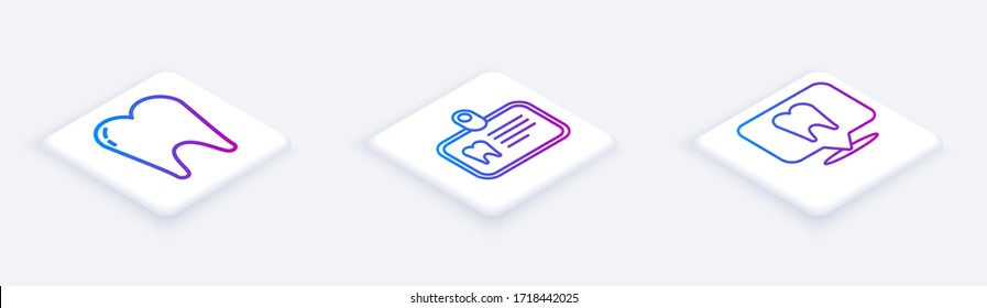 Establezca la línea Isomtric Tooth, tarjeta de identificación con la ubicación de la clínica dental y dental. Botón cuadrado blanco. Vector