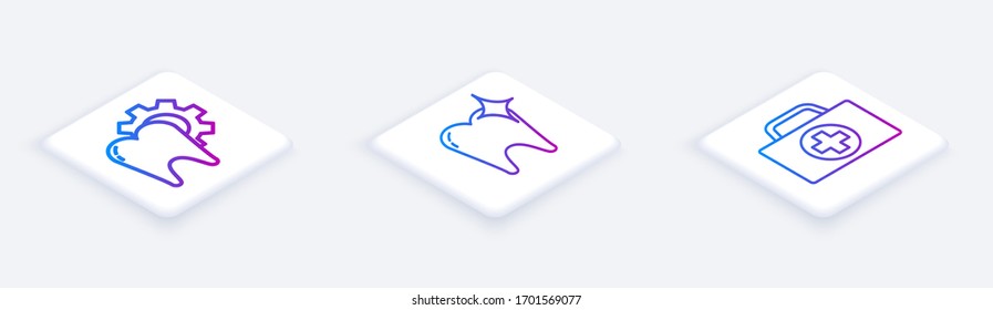 Establecer la línea isométrica Procedimiento de tratamiento dental, concepto de blanqueamiento dental y kit de primeros auxilios. Botón cuadrado blanco. Vector