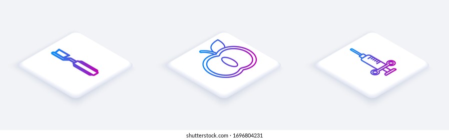 Stellen Sie die sometrische Linie Zahnbürste, Apple und Zahnarztspritze ein. Weißer Quadrat-Knopf. Vektorillustration