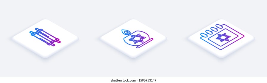 Set Isometric line Torah scroll, Burning candle in candlestick with star of david and Jewish calendar with star of david. White square button. Vector